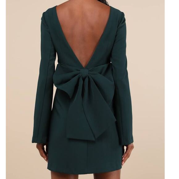 Lulus NWT Elegant Cutie Emerald Bow Bell-Style Long Sleeve Backless Mini Dress - Picture 5 of 8